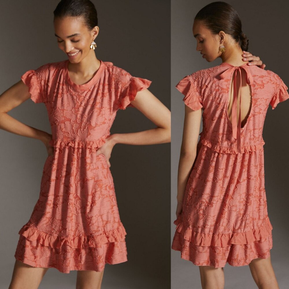 NEW Anthropologie Ruffle Knit Mini Dress Textured Floral Pink Coral